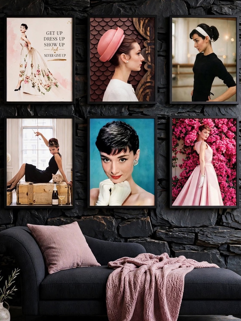 📣 Audrey Hepburn Set of 6 Rare Classic Fashion Portrait Art Prints Pink Black